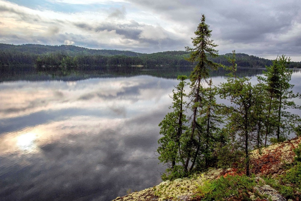 moody sky reflected in clear lake. Trees in foreground