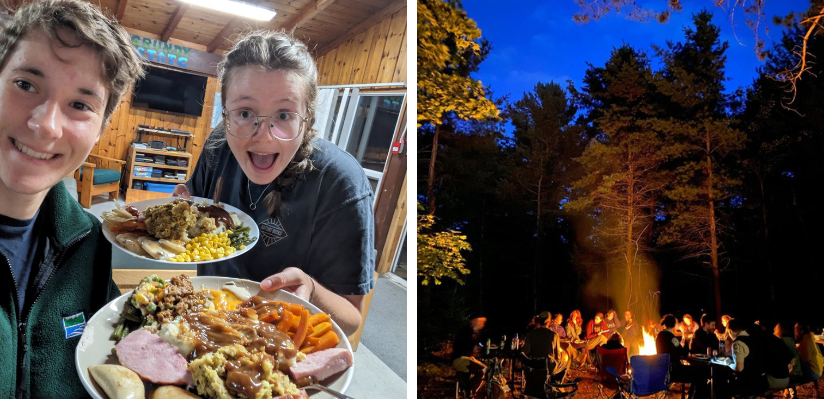 collage of staff holding food, group around campfire