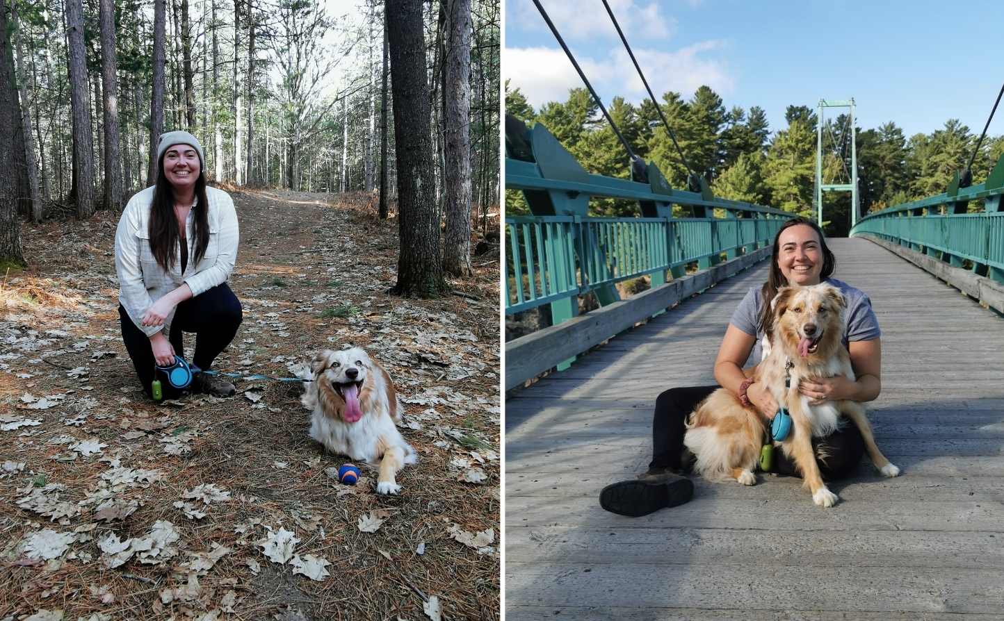 collage of staff and dog on trail, staff and dog on bridge