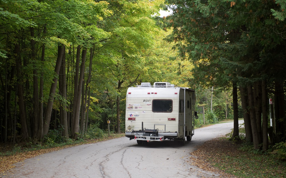 RV driving down road