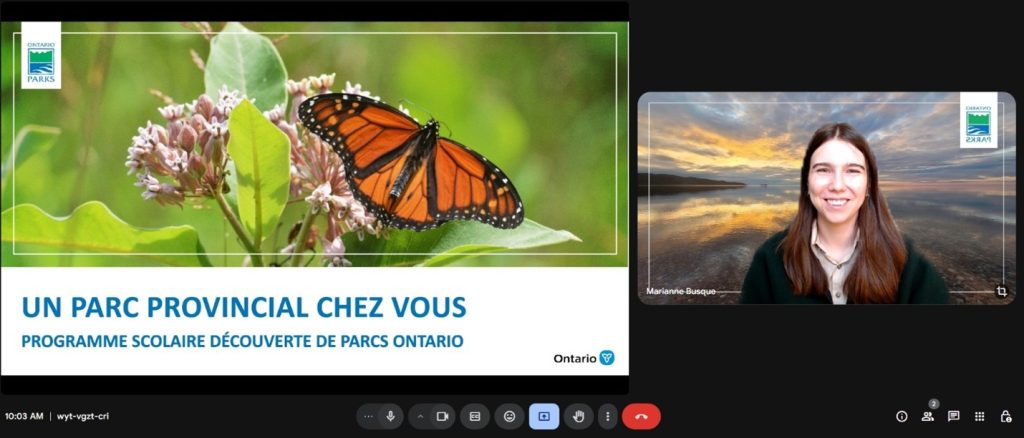 Two images on a screen, left image is a Power Point presentation and the right image is park staff member giving the virtual presentation.