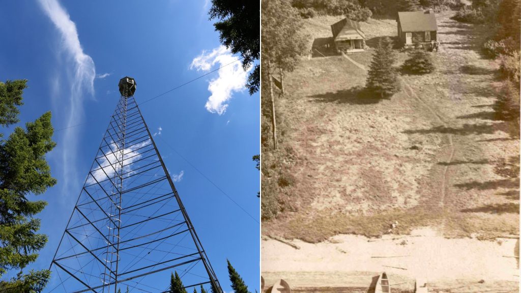 collage of fire tower viewed from base of tower, vintage photo of house and beach with canoes