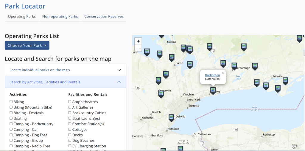 a screencap of the park locator tool showing map and search options