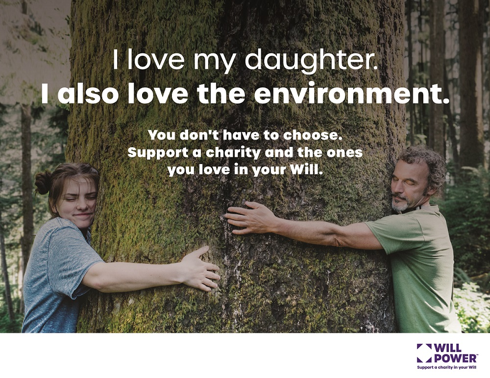 Text: "I love my daughter. I also love the environment. You don't have to choose." Man and woman hugging tree