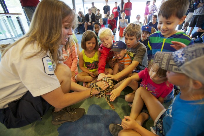 staff member showing snake to children