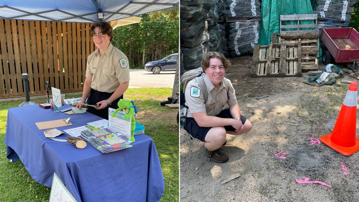 collage of staff at exploration station, staff crouching at turtle nest