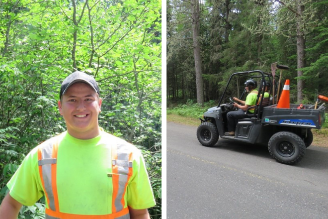 staff in yellow shirt, driving cart