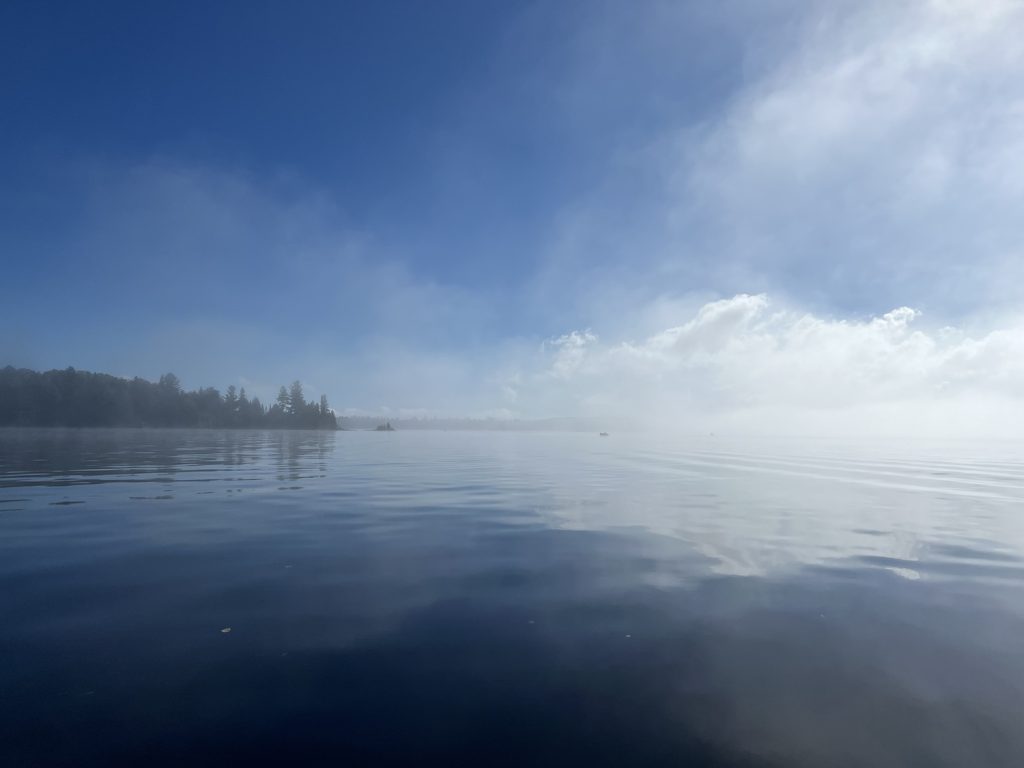misty morning on a lake with trees in the distance