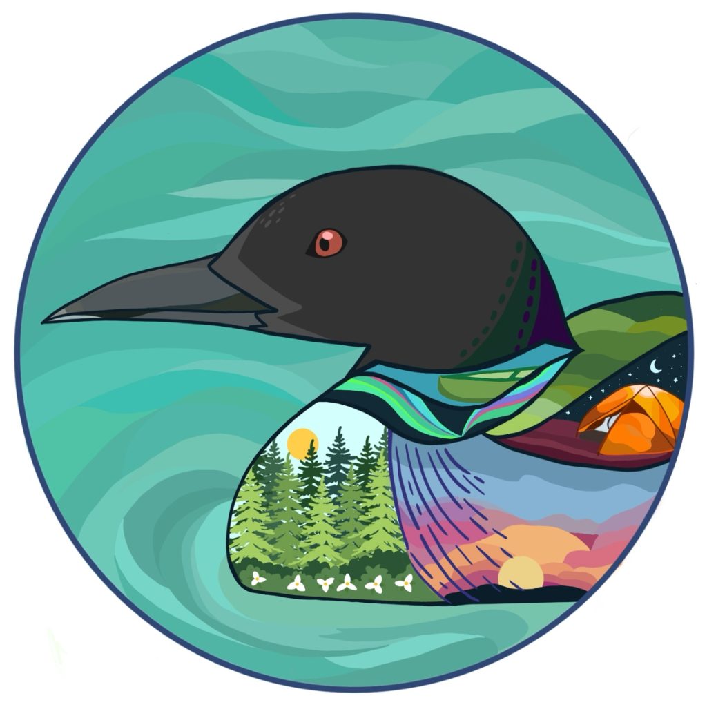 Circular design of a loon in the water. The body of the loon is a quiltwork of outdoor scenes, including a tent, a forest with wildflowers, and a sunset.