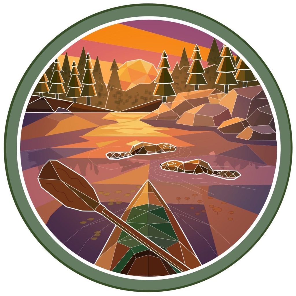 Circular design showing a kayaker paddling into the sunset by a rocky shoreline and forest, with beaver swimming in the water.