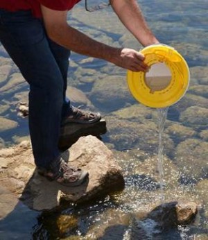 Someone draining bait bucket filled with baitfish but not dumping it.