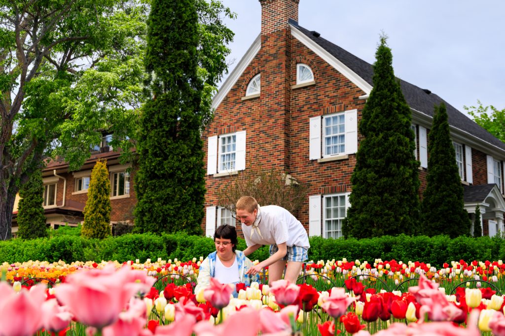 two people looking at field of tulips outside of historic building