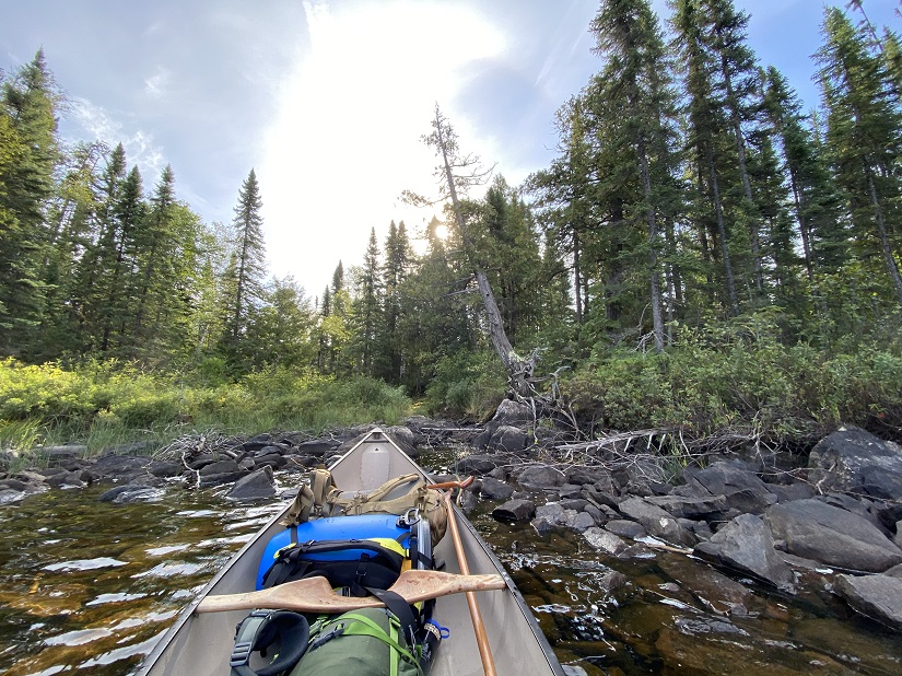 Packed canoe pulling up to shore.