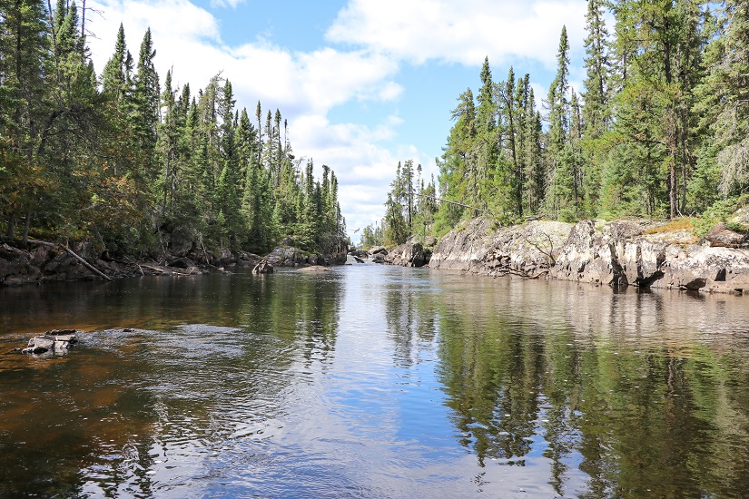 Quiet river with trees and rocks.