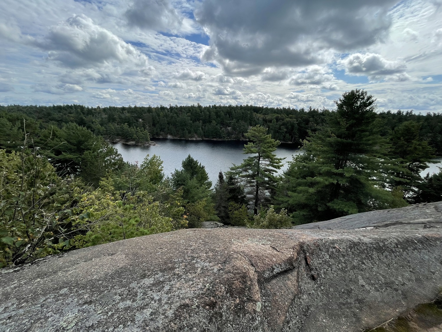 view from rocky outlook across lake and forest