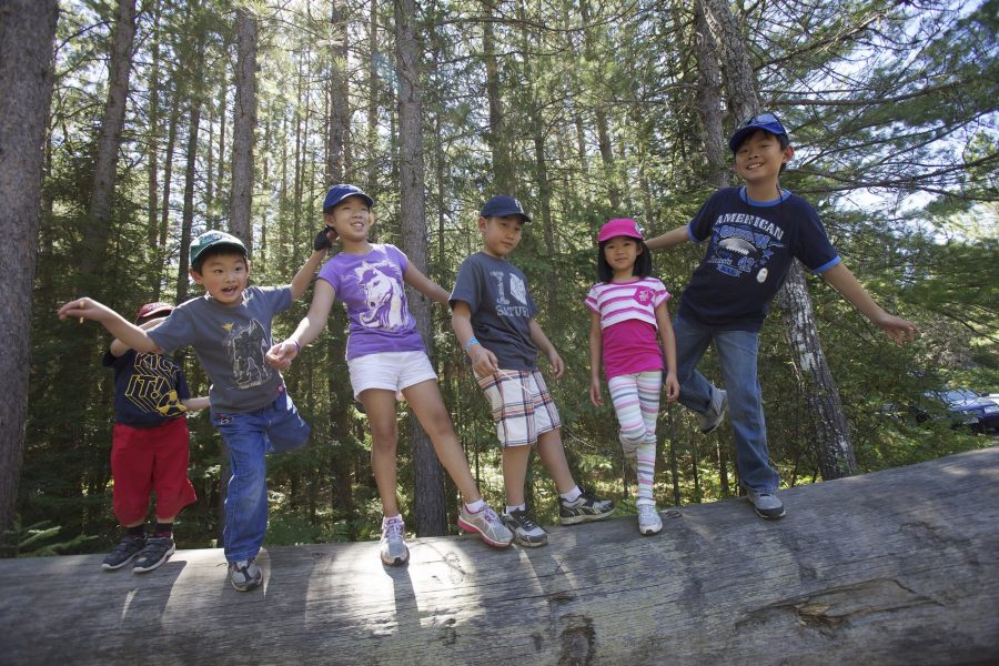 kids balancing on log