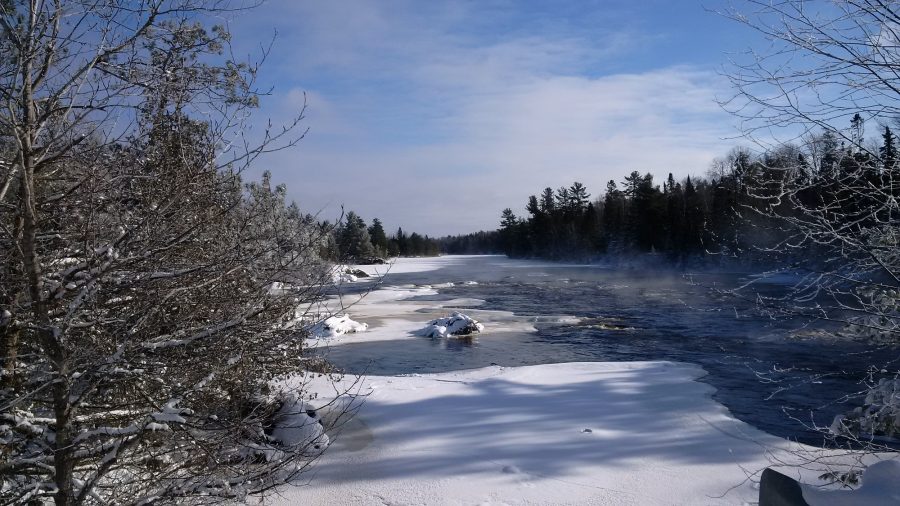 misty winter river with frost covered trees