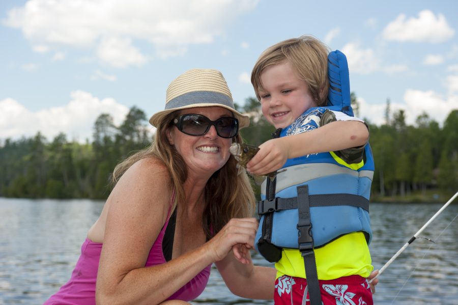 mother and son fishing