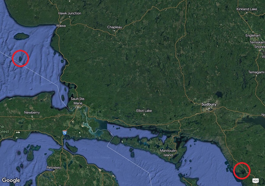 Map showing red circles around an island and Parry Sound. 