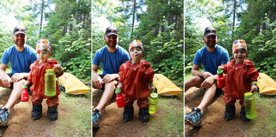 Collage of baby in waterproof gear