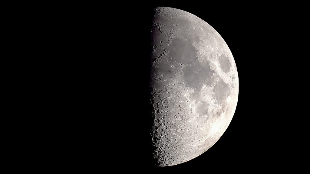 Close-up of one half of the moon, showing its craters