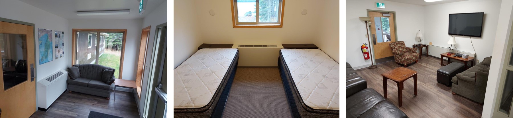 Three pictures of the interior of staff housing. The first shows couches on an enclosed porch, the second shows beds in a bedroom, and the last picture is of a common room with couches and chairs with a tv mounted on the wall