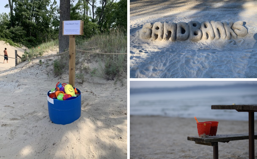 A collage of three images showing a bucket of free beach toys on a beach, a sand sculpture spelling out the word "Sandbanks" and a lone red toy bucket on a picnic table on the beach