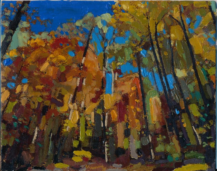 Oil painting of deciduous trees in the fall from a low angle