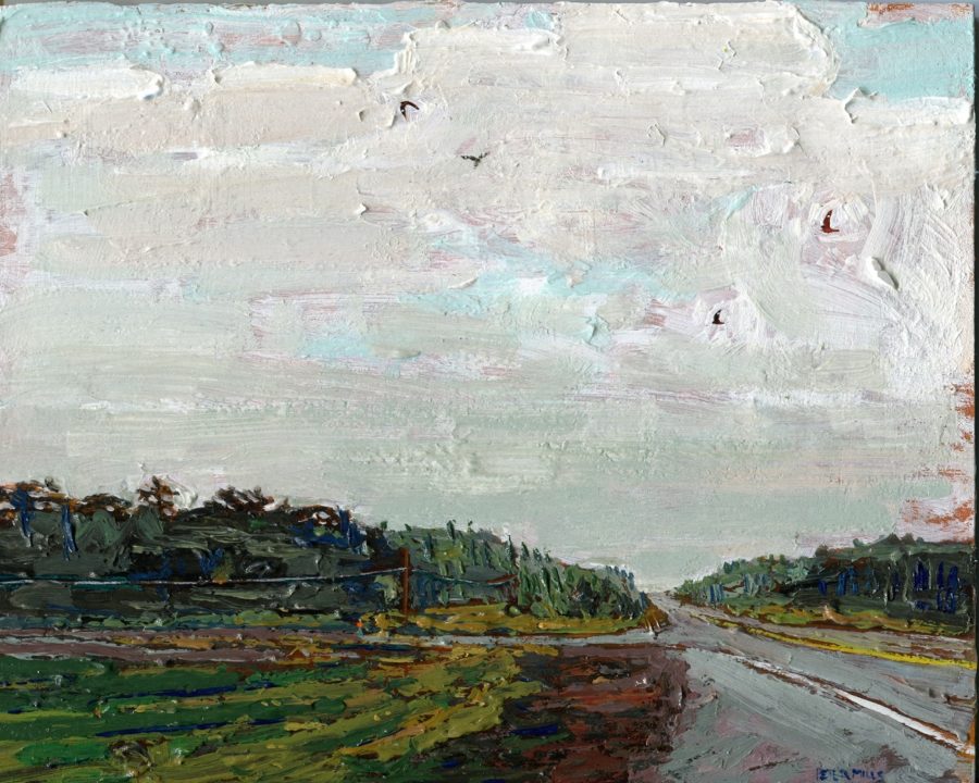 Oil painting of a road beside green fields and forest, and overhead fly nighthawks