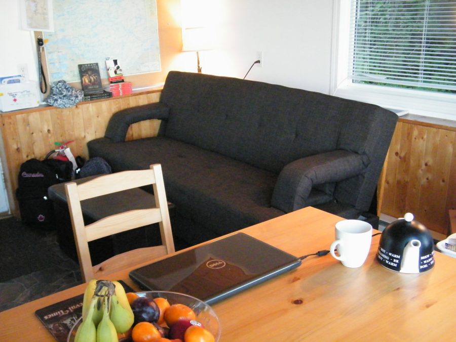 interior of cabin: couch, table, teapot