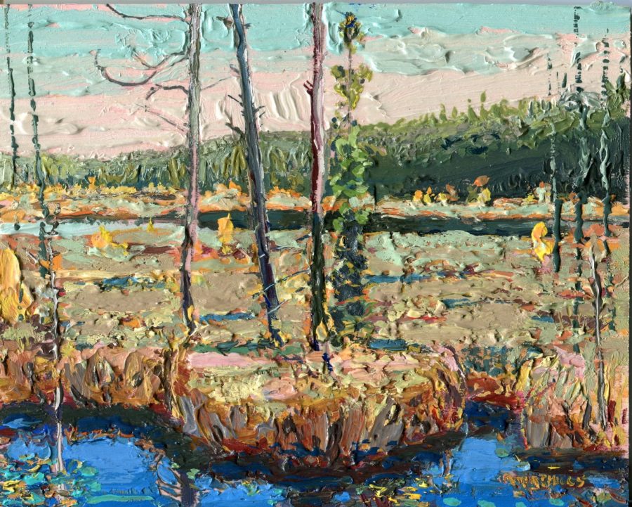 Oil painting of a swamp with a forest in the background