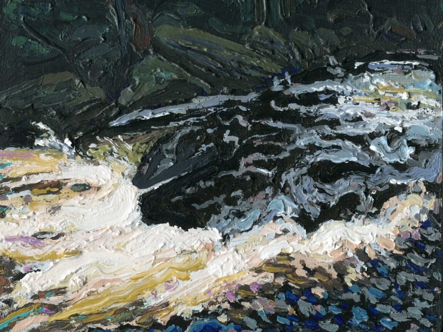 Oil painting of a river, with rapids, close up