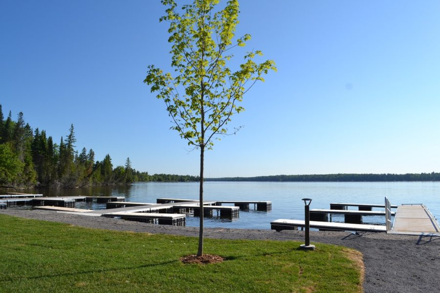 Spring boat dock, clear skies. Balsam Lake