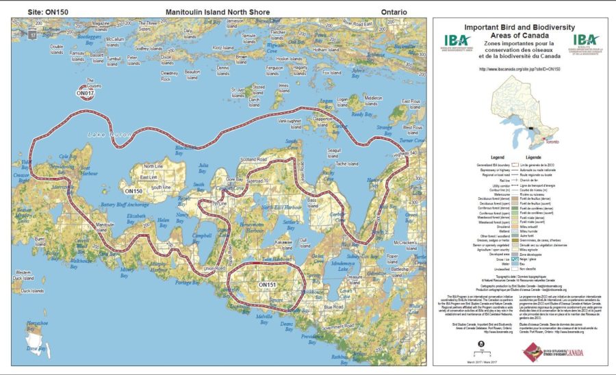 Map of Manitoulin Island with red outline marking IBA