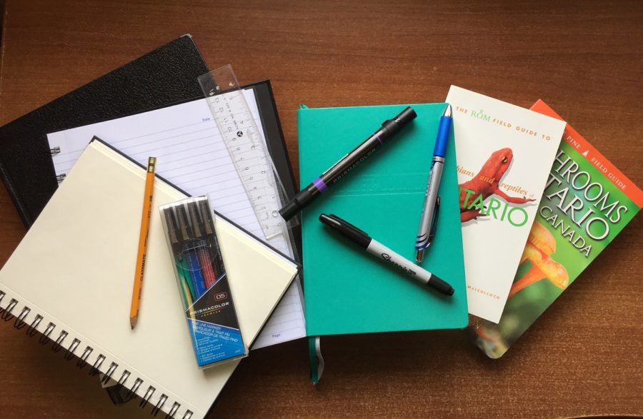 photo of a differnt types of notebooks and pens, guidebooks, and a ruler