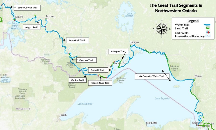 Map that shows the Great Trail as it travels across northwestern Ontario, along the north shore of Lake Superior