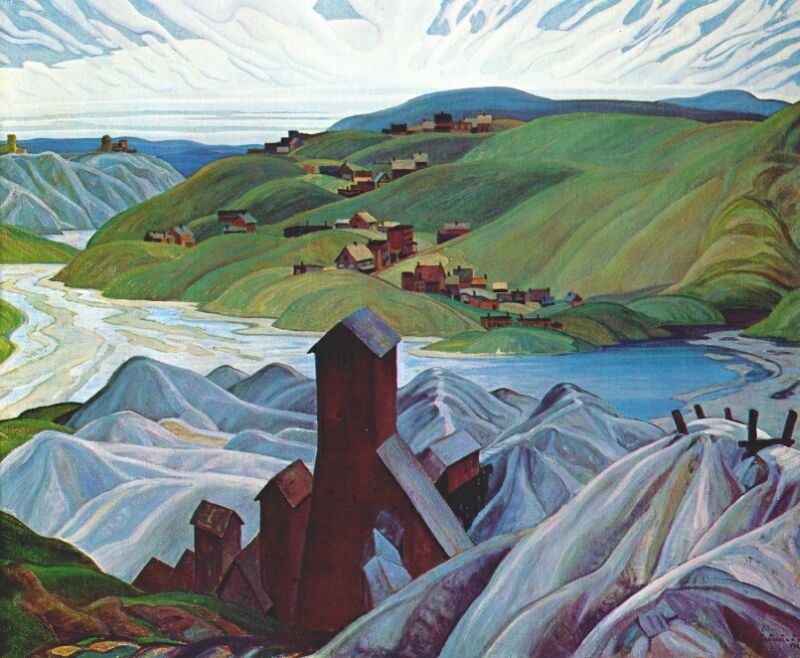 A painting of green hills, blue lakes and a towering red structure among some large rocky hillsides