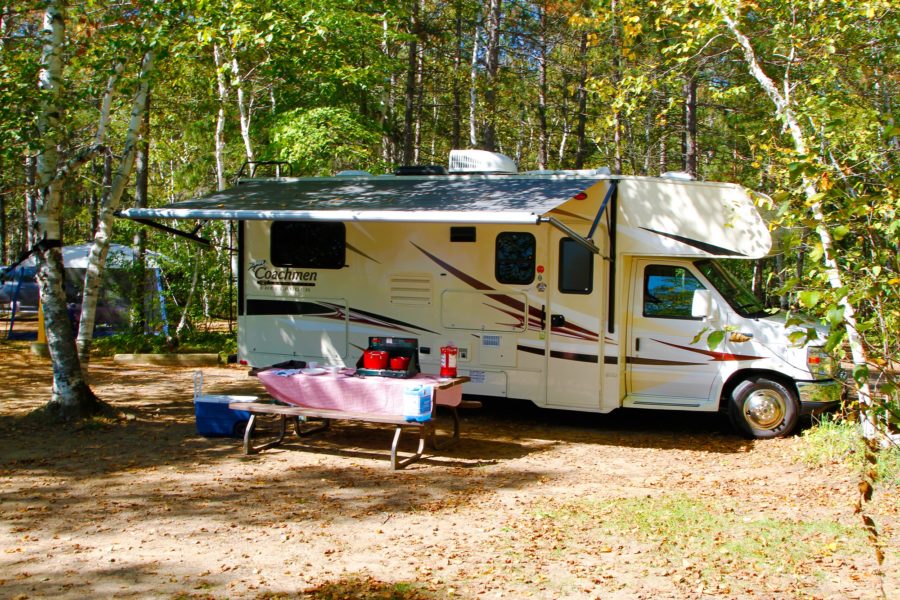 motorhome set up on site with all gear set - no people. 