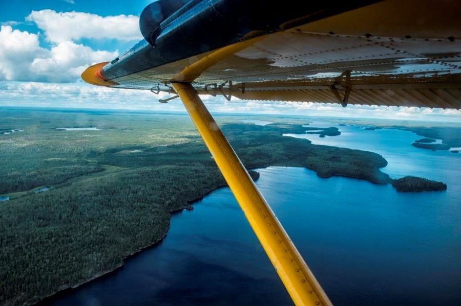 View of a lake from the side of a plane