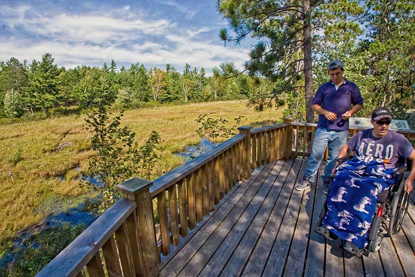 Man in wheelchair on platform looking at marsh