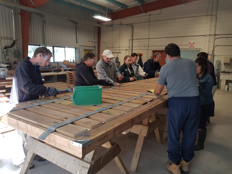 nine volunteers hammering nails into boardwalk