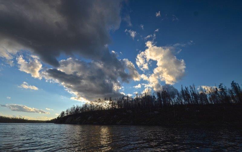 cloudy skies above lake and trees