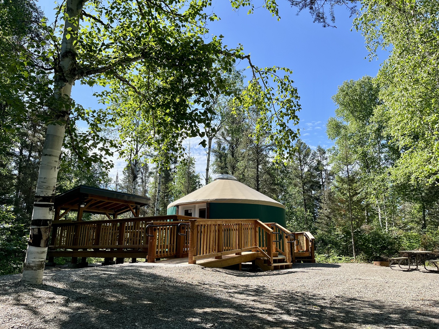 green yurt with a ramp leading to it on a sunny campsite