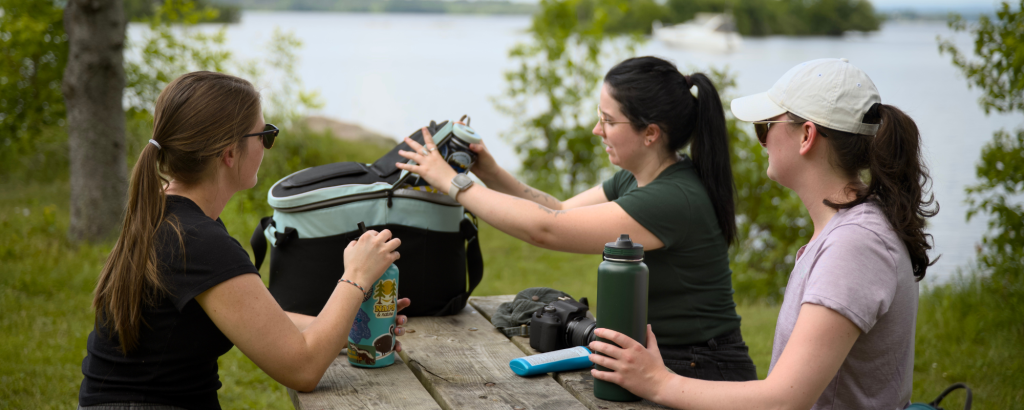 Three friends having a picnic at a picnic table on the shore