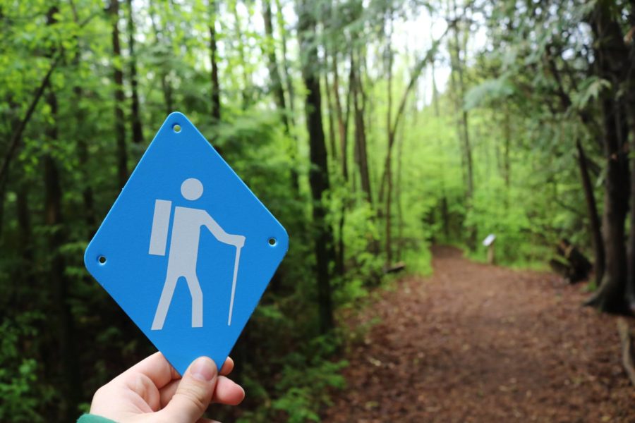 Trail sign being held up with a view of the trail