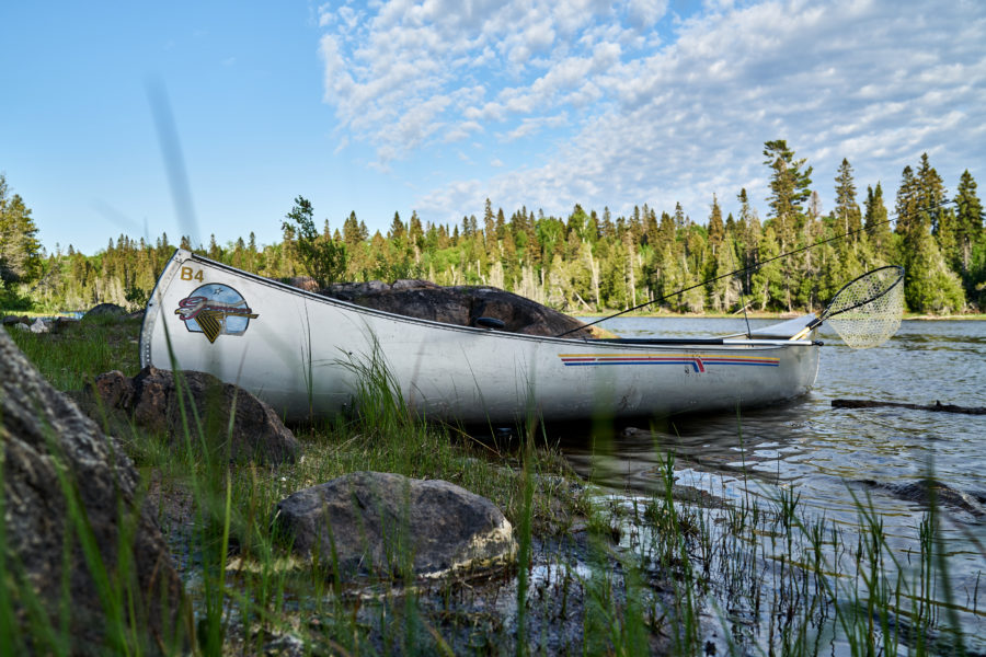 The canoe they rented up on shore.