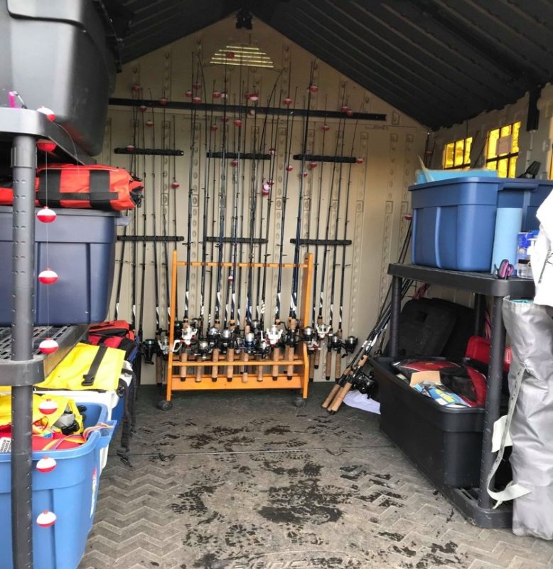 A view of inside the Learn to Fish shed where all the gear is held.