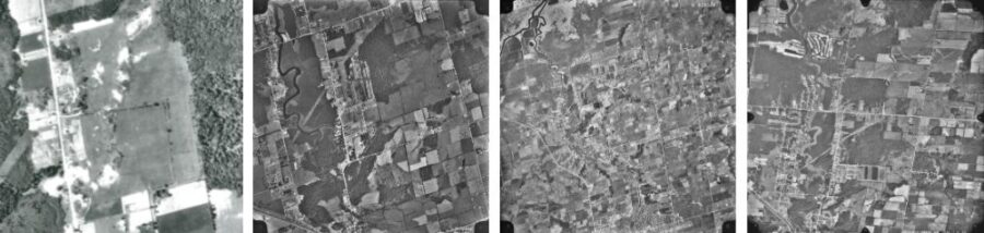 Aerial photos of Holland Landing Prairie in 1954, 1971, 1988, and 1992.