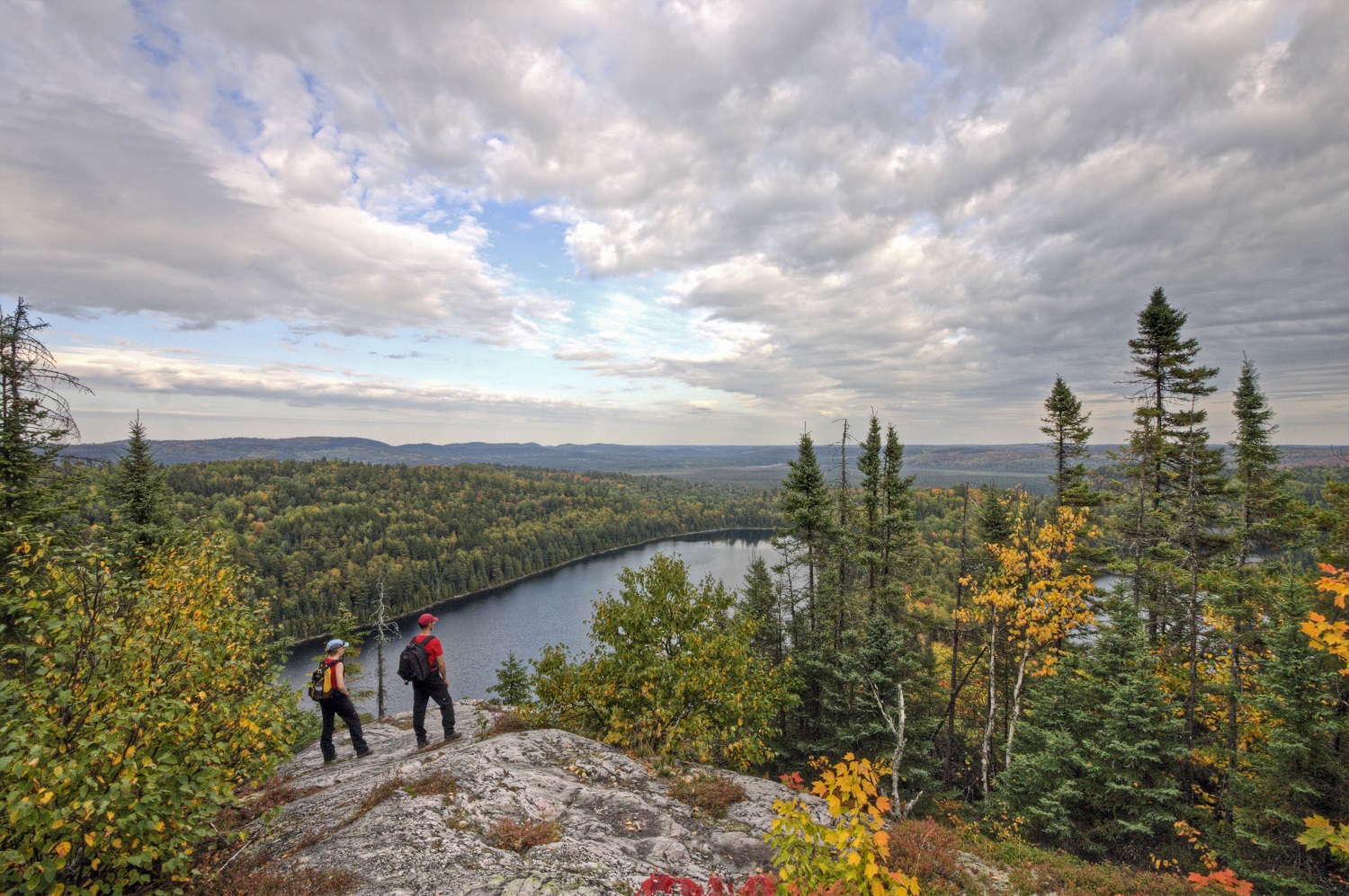 two hikers looking down over forest from outlook