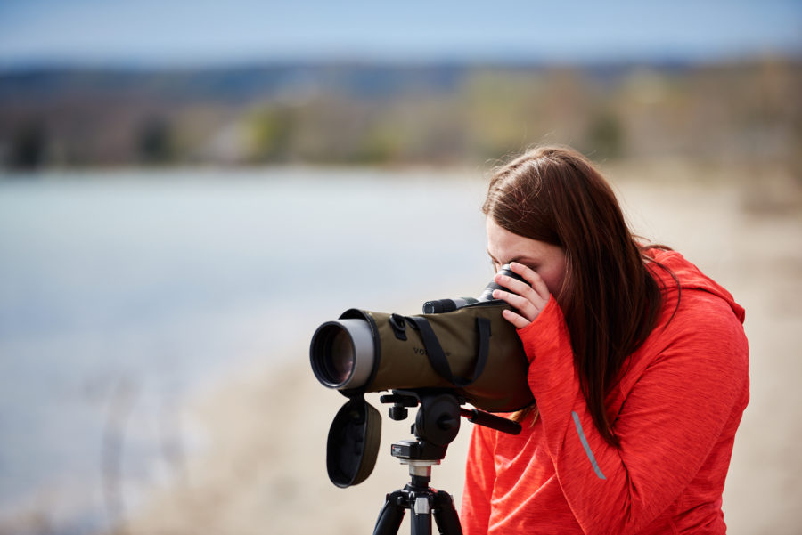 Birder looking through binoculars.